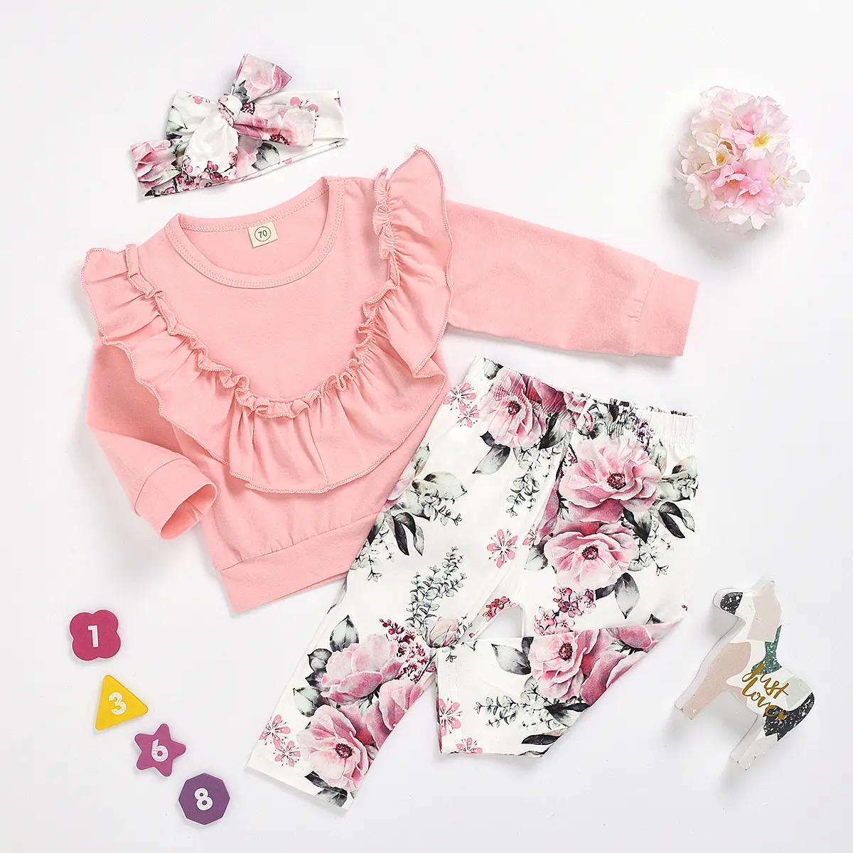 OUKEER KIDS Hot Selling 3-teiliges Kleidungs set Baumwolle Langarm Langhose Kinder anzug für Mädchen Pink Flower Girls Suit