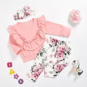 OUKEER KIDS 핫 잘 팔리는 3 개 옷 Set 면 긴-Sleeved 긴 Pants Kids 한 벌 대 한 Girls 핑크 꽃 Girls 한 벌 2020