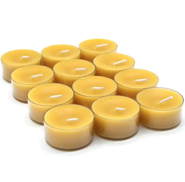 Bougies chauffe-plat rondes en cire d'abeille jaune naturelle faites à la main en gros dans un boîtier en plastique transparent