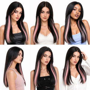 Extensions de <span class=keywords><strong>cheveux</strong></span> synthétiques lisses avec mèches colorées, postiches à clipser pour un coiffage tendance - Product Image 3