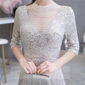 Ruolai 26454 Elegante <span class=keywords><strong>Abito</strong></span> da Sera a Sirena con Ricche Applicazioni di Perline e Paillettes, Lussuoso Vestito da Cerimonia <span class=keywords><strong>Lungo</strong></span> con <span class=keywords><strong>Mezze</strong></span> <span class=keywords><strong>Maniche</strong></span> Brillanti - Product Image 5