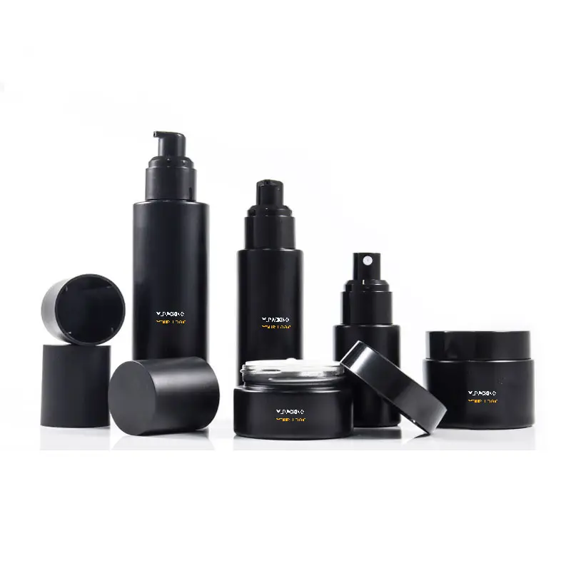 In Stock 30ml 60ml 100ml Frosted Matte Black Cosmetic Glass Lotion Bottle And Jar Pump Bottle For Lotion Serum Cream Full Set