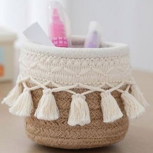 Natural Jute and Cotton Woven Basket Boho Chic Mini <b>Storage</b> Bin for Cosmetics Jewelry Keys Small Indoor Plant Pot Cover Set - Product Image 3