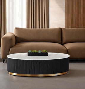 Table basse moderne avec plateau en marbre, base en plinthe dorée, finition noire, blanche et dorée, meuble décoratif pour salon - Product Image 1