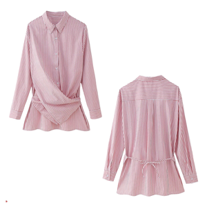 4606 Camicetta Trendy Primaverile con Collo Rovesciato, Stampa a Righe, Manica Lunga, Stile Streetwear, Blusa Unica con Dettaglio Incrociato, Camicia Casual da Donna - Product Image 4