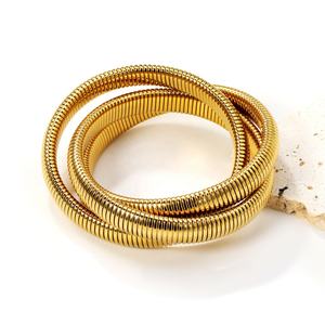 Chunky Jewelry 18K Gold Plated Stainless Steel Fashion Stripe Bangles <b>Stretch</b> Circle Flex Triple Snake <b>Stretch</b> Bangles <b>Bracelet</b> - Product Image 5