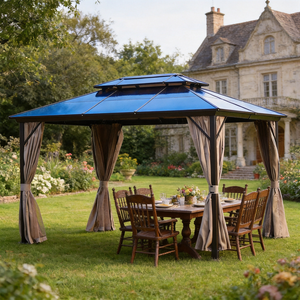 Gazebo de Aluminio con Techo Rígido de Policarbonato Azul, Doble Nivel, Ventilado, con Cortinas, Venta al Por Mayor, Pabellón Comercial para Exteriores, Marca Personalizada PGL - Product Image 1
