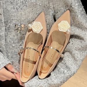 Zapatos Planos de Mujer con Punta Francesa, Diseño de Perlas y Patrón Geométrico, Parte Superior de Cuero Genuino, Ligeros e Impermeables - Product Image 3