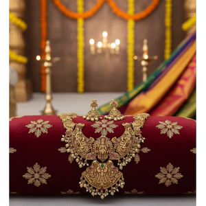 High Quality Traditional South Indian Laxmi Bridal <b>Set</b> Flower Design Brass Zircon Goddess Certified <b>Gold</b> Plated Wedding - Product Image 3