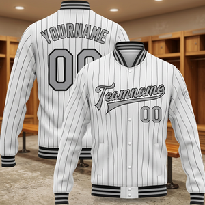 Custom Pinstripe Varsity <b>Jacket</b> <b>Men's</b> <b>Baseball</b> Style White Black Striped Button Front Name Number Team Logo Autumn Casual Wear - Product Image 4