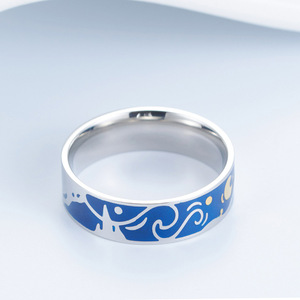 Korean style minimalist and fashionable Van Gogh starry night titanium steel <b>ring</b>, ins style, high-end design for <b>couples</b>, whole - Product Image 4