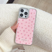 Étui de téléphone antichoc en TPU avec cadre argenté, motif floral rose, style Ins, avec cordon et nœud pour 17 Pro Max