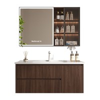 Meuble-lavabo de salle de bain en aluminium nid d'abeille couleur noyer profond, double tiroir, porte simple, armoire miroir LED intelligente, porte-serviettes, robinet blanc mat