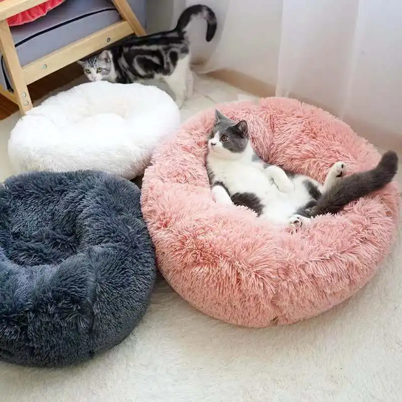 Großhandel hersteller weiche luxus plüsch rosa grau weiß pet kissen runde katze hund bett