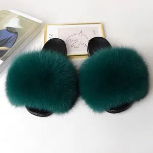 Ladies Slippers Sandals Suppliers New Design Wholesale Real Fox Fur Slide Slippers For Women Fox Fur Slides