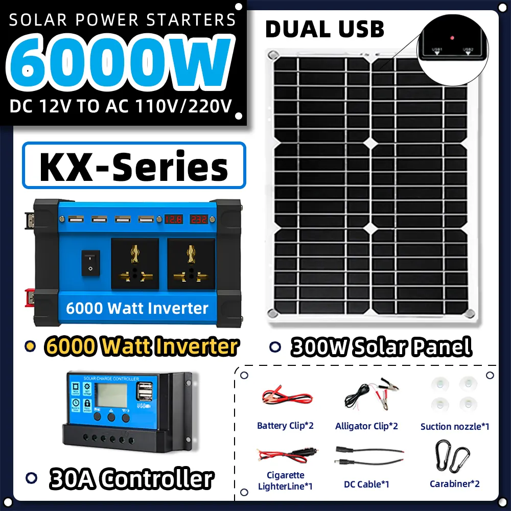 6000W Solar System Combination 6000W Inverter 30A Controller 18W Solar Panel 12V to 220V/110V Smart Charge & Discharge Camping