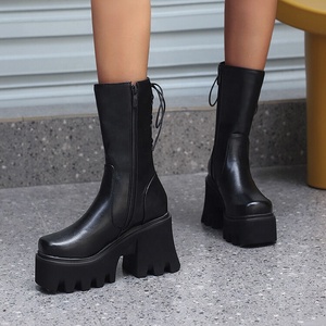 Back Lace up Women Half Knee High <b>Boots</b> Animal Prints Leather Thick Bottom Platform Shoes Square Heels Female - Product Image 3