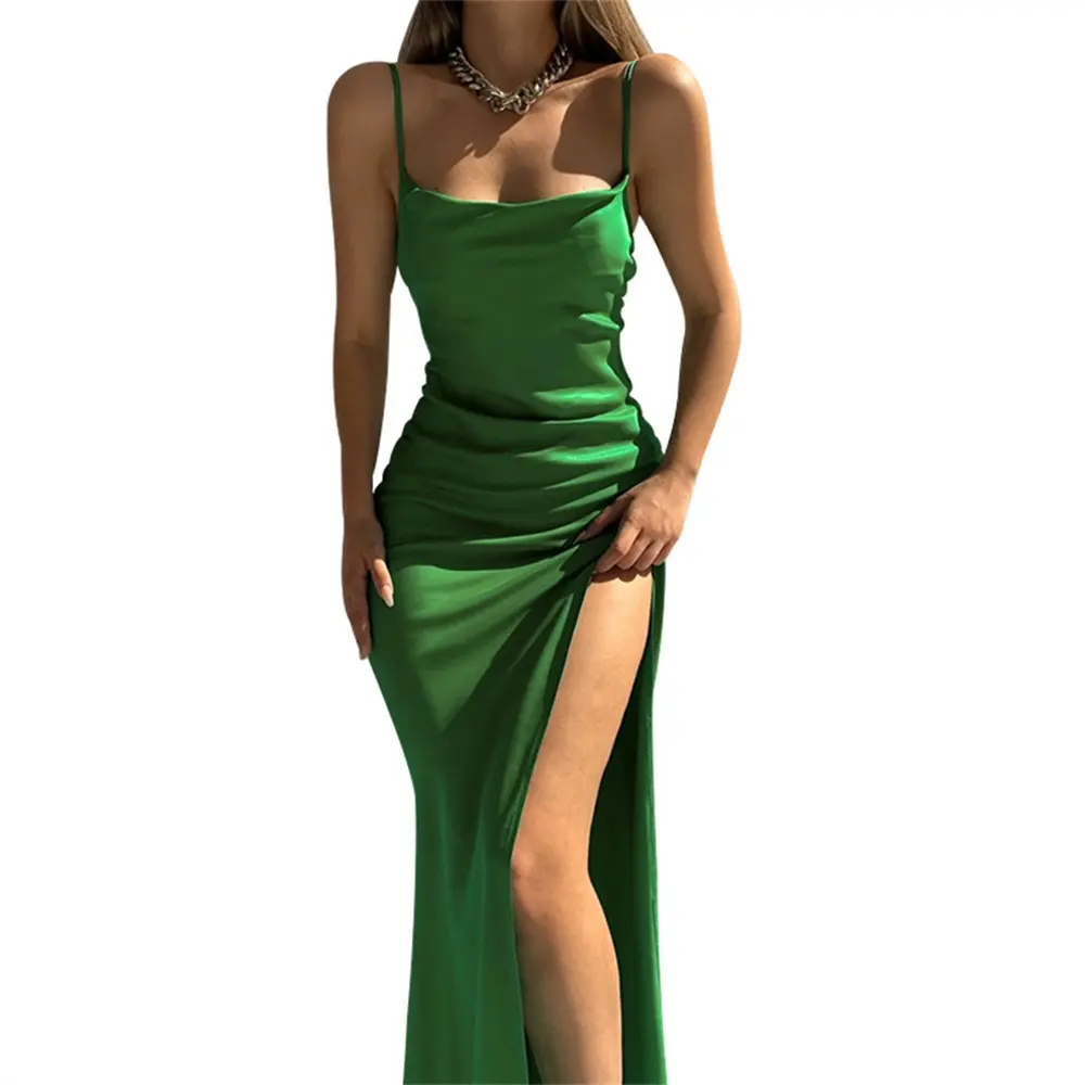 Vestido longo de verão, vestido longo sexy verde preto com fenda alta, estampa de logotipo do oem, cor sólida, 2022
