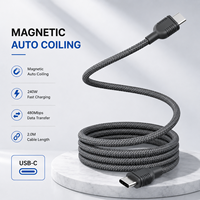 Câble magnétique USB-C 240W PD Charge rapide 5A Nylon tressé Type-C vers Type-C 2m Noir Ordinateur OEM ODM