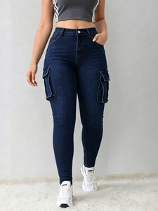 Jeans Cargo da Donna a Vita Alta, Gamba Dritta, Stile Vintage, Lavabili, con Tasche Utility, Lunghezza Intera, Lavaggio Medio, Casual, per Autunno - Product Image 2