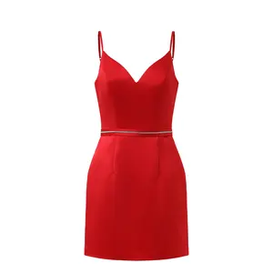 OEM/ODM 2024 gaun merah pernikahan gaun payet leher V malam elegan panjang selutut kain disesuaikan dan desain