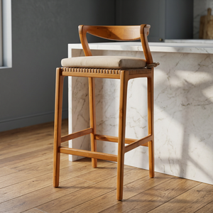 Chaise de bar Cleopatra en bois de teck et corde, assise en velours - Product Image 2