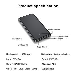 Batterie externe portable personnalisée 10000 mAh, double USB 5V2A, ultra-fine, charge rapide, 10000 mAh pour téléphone portable - Product Image 2