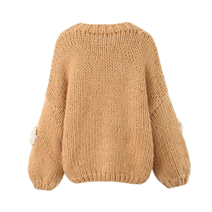 Suéter de punto hecho a mano con mangas abullonadas y flores en 3D para <span class=keywords><strong>mujer</strong></span> - Product Image 4