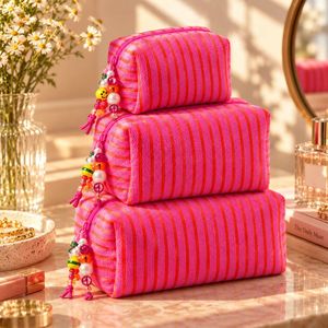 Bolsa de Maquillaje de Tela de Rizo a Rayas OEM ODM con Forro Interior Personalizado Impreso, Fabricante de Bolsas de Cosméticos Personalizadas - Product Image 3