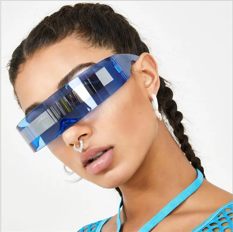 Crazy hair-gafas de sol de moda para fiesta, lentes plateados, película one lens, future warrior, tecnología Ciberpunk, 2077