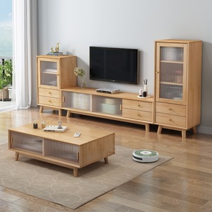 Nordic Style Tv Cabinet And <b>Coffee</b> <b>Table</b> Set Natural Wood Color Base Cabinet Simple Modern Living Room Storage Furniture - Product Image 2