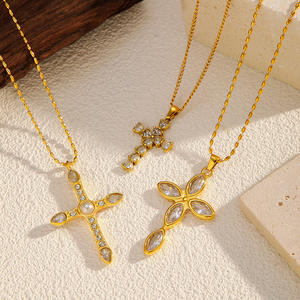 Collar con colgante de Cruz de acero inoxidable chapado en oro para joyería de moda para mujer N374 - Product Image 1