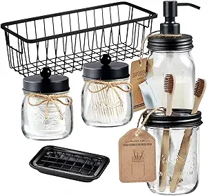 Ensemble d'accessoires de salle de bain (6 pièces), décor rustique de ferme-distributeur de savon de lotion, porte-brosse à dents, panier organisateur-noir - Product Image 6