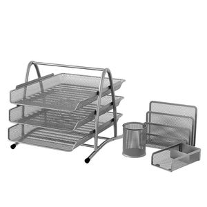 Office Desk Tidy 4 Piece Organiser Set - 3 Tier A4 <b>Filing</b> Tray Pen Pot Sticky Note Holder Letter Sorter Rack - Product Image 3