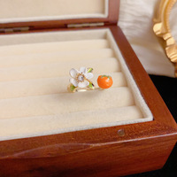 Nouvelle Bague Épaissie Plaqué Or Véritable Motif Floral Fruité Réglable Tendance Printemps Cristal Émail Fleur Blanche Orange pour Femme