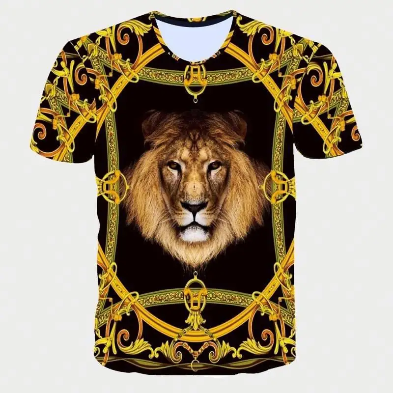 3D T חולצה זכר גותי זהב שרשרת חיות האריה הדפסת חולצה יוניסקס הברנש פאנק רוק Slim קיץ היפ הופ T חולצה