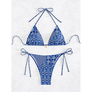 Conjunto de Bikini de 2 Piezas <span class=keywords><strong>para</strong></span> Mujer, Estilo Halter Triangular, Estampado Boho, con Lazos Laterales y Detalles Dorados, <span class=keywords><strong>para</strong></span> Vacaciones de Verano <span class=keywords><strong>en</strong></span> la Playa - Product Image 3
