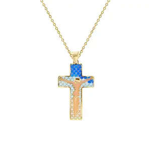 Religion Jewelry Real Gold Plating NO Fade Vintage Colored Enamel Cross Pendant Necklace for Women Men