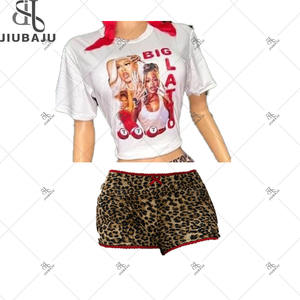 Fashion Leopard <strong>Sequined</strong> Dress Woman Outfit Letter Print Slim <strong>Crop</strong> <strong>Top</strong> + Leopard Shorts Suit Matching Set Female - Product Image 2