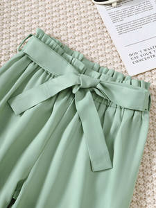 T-shirt à manches courtes et à volants peignés pour <span class=keywords><strong>fille</strong></span>, pantalon, ensemble 2 pièces avec <span class=keywords><strong>ceinture</strong></span> et nœud, ensemble décontracté de vêtements pour enfants - Product Image 6