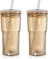 2 verres à côtes en verre transparent réutilisables, sans BPA, résistants à la chaleur, étanches, compatibles lave-vaisselle et micro-ondes, grande capacité