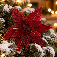 Fleurs artificielles de Poinsettia en polyester pour décorations de Noël, décoration intérieure, taille personnalisée, montage mural, arbre de Noël sans alimentation électrique