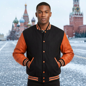 Veste universitaire en cuir noir et orange pour homme, décontractée, hiver, col montant, coupe classique, fermeture boutonnée, couleur unie - Product Image 1