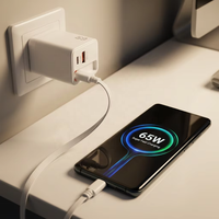 Chargeur de téléphone GaN 65W, prise murale rapide avec câble Type C intégré, adaptateur secteur multi-ports pour ordinateur portable, tablette, appareils mobiles