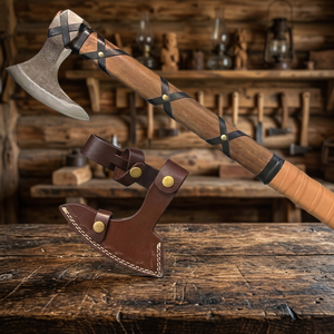 Hacha Tomahawk de BA Enterprises con mango de madera, funda de cuero, cabeza con diseño de barba, hoja de acero al carbono con 4 filos, herramienta de tala de árboles de grado DIY - Product Image 4