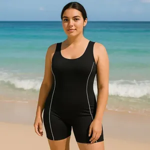 ชุดว่ายน้ำวันพีซแบบปรับได้สำหรับผู้หญิง สีดำล้วน ผ้ายืดสแปนเด็กซ์ ไนลอน กางเกงขาสั้น คอกลม ชุดกีฬาชายหาด ชุดว่ายน้ำ ไซส์ XL - Product Image 5