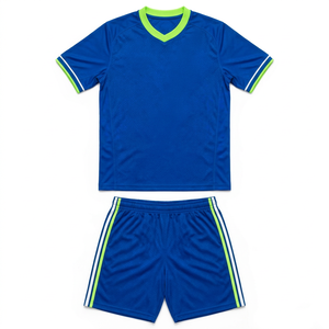 Ensemble de maillot de football bleu à col en V pour hommes, kit graphique avec motif éclair, manches courtes, short à taille élastique, uniforme de football - Product Image 1