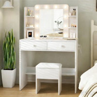 Ensemble de coiffeuse avec miroir LED, 2 tiroirs et étagères de rangement, table de maquillage avec tabouret pour chambre à coucher
