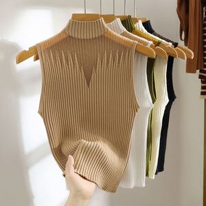 Haut court d'été sans manches à col semi-montant pour femme, camisole ajourée, chemise de base en maille tricotée, pull pour femme - Product Image 2
