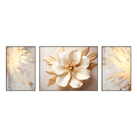 Hochwertiges Abstraktes 3-teiliges Leinwandbild mit Weißen Blumen und Goldblättern, Gedrucktes Blumenmotiv für Wohnzimmer-Dekoration